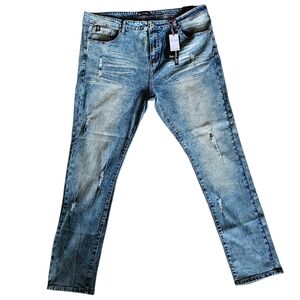 Men's Blue Slim Taper Fit Distressed Jeans with Fading